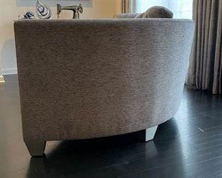 Interior Crafts Inc. Curved Sofa Upholstered in Osborn & Little Fabric (Designers Guild) - 2 Available. Seat Cushions: Foam with Poly Wrap. Back Cushions are 50/50 Down & Feather Blend. Each Measures 95" W x 35" D with an 18" Seat Height. Photo 3 of 5.