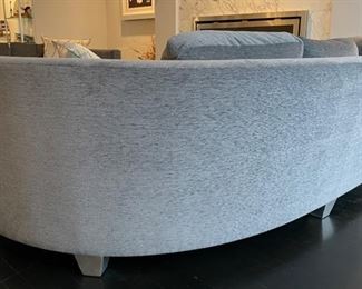 Interior Crafts Inc. Curved Sofa Upholstered in Osborn & Little Fabric (Designers Guild) - 2 Available. Seat Cushions: Foam with Poly Wrap. Back Cushions are 50/50 Down & Feather Blend. Each Measures 95" W x 35" D with an 18" Seat Height. Photo 4 of 5.