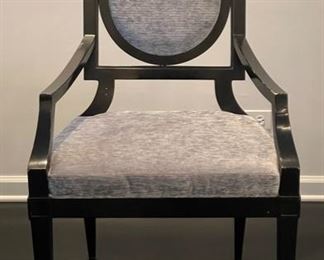 Set of 8 Black Lacquered Baker Furniture Louis Dining & Arm Chairs. Upholstered in Baker Grade 6 Grey Velvet Fabric. Each Measures 24" W x 25" D with 19.5" Seat Height. Photo 1 of 8.