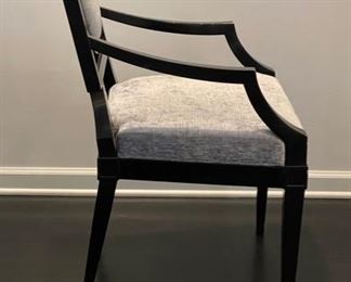 Set of 8 Black Lacquered Baker Furniture Louis Dining & Arm Chairs. Upholstered in Baker Grade 6 Grey Velvet Fabric. Each Measures 24" W x 25" D with 19.5" Seat Height. Photo 5 of 8.