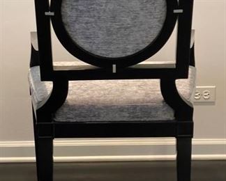 Set of 8 Black Lacquered Baker Furniture Louis Dining & Arm Chairs. Upholstered in Baker Grade 6 Grey Velvet Fabric. Each Measures 24" W x 25" D with 19.5" Seat Height. Photo 6 of 8.