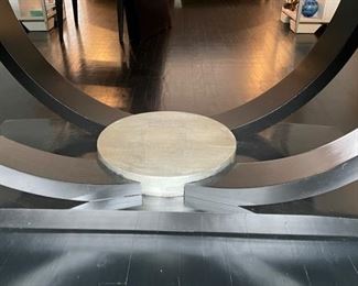 Art-Deco Style Black Lacquer Maple Extension Dining Table With Silver Leaf Center Disc (SHOWN ABOVE). Measures 46" W x 78"L x 30" H with 27" Clearance. Extends to 122" with Two 22" Leaves. Includes Pads. Photo 5 of 5.