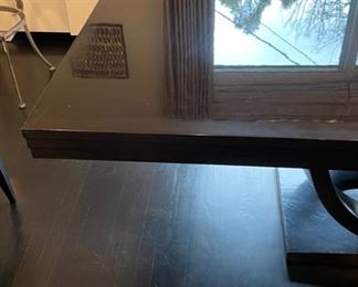 Art-Deco Style Black Lacquer Maple Extension Dining Table. Measures 46" W x 78"L x 30" H with 27" Clearance. Extends to 122" with Two 22" Leaves. Includes Pads. Photo 3 of 5.
