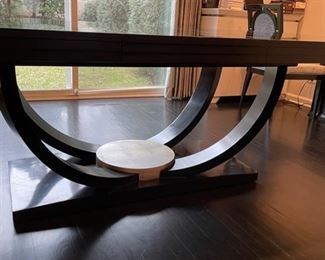 Art-Deco Style Black Lacquer Maple Extension Dining Table. Measures 46" W x 78"L x 30" H with 27" Clearance. Extends to 122" with Two 22" Leaves. Includes Pads. Photo 4 of 5.