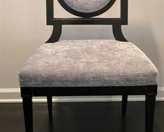 Set of 8 Black Lacquered Baker Furniture Louis Dining & Arm Chairs. Upholstered in Baker Grade 6 Grey Velvet Fabric. Each Measures 24" W x 25" D with 19.5" Seat Height. Photo 7 of 8.