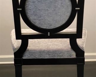 Set of 8 Black Lacquered Baker Furniture Louis Dining & Arm Chairs. Upholstered in Baker Grade 6 Grey Velvet Fabric. Each Measures 24" W x 25" D with 19.5" Seat Height. Photo 8 of 8.