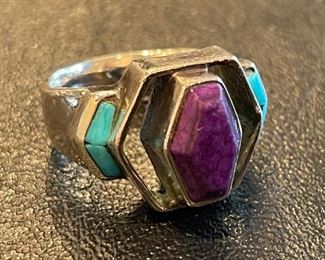 Sterling Silver Ring with Amethyst & Turquoise Accents. Signed by Designer. Photo 1 of 2.