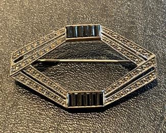 Art Deco Onyx Marcasite Sterling Silver Broach. Photo 1 of 2.