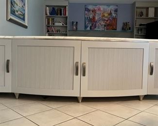 Custom-Built High-Gloss Console with Pencil-Reed Facing, Metal Pulls, Carrera Marble Top and Stainless Steel Legs. Measures 102"W x 18" D x 36" H. Photo 1 of 5.