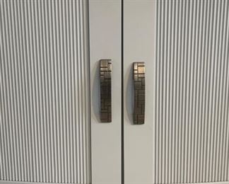 Custom-Built High-Gloss Console with Pencil-Reed Facing, Metal Pulls, Carrera Marble Top and Stainless Steel Legs. Measures 102"W x 18" D x 36" H. Photo 2 of 5.