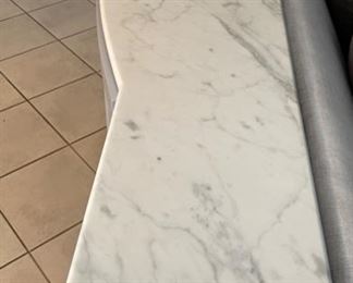 Custom-Built High-Gloss Console with Pencil-Reed Facing, Metal Pulls, Carrera Marble Top and Stainless Steel Legs. Measures 102"W x 18" D x 36" H. Photo 4 of 5.