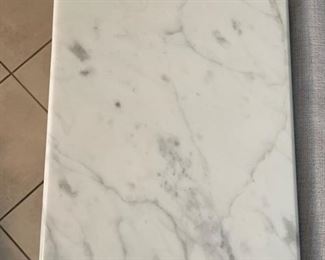 Custom-Built High-Gloss Console with Pencil-Reed Facing, Metal Pulls, Carrera Marble Top and Stainless Steel Legs. Measures 102"W x 18" D x 36" H. Photo 5 of 5.