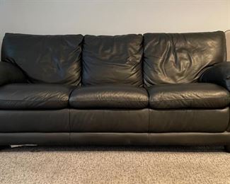 Vintage Black Leather Upholstered 3-Seat Sofa. Measures 78" W x 34" D x 35" H. Photo 1 of 4.