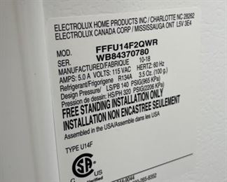 Frigidaire Stand Up Freezer. Model #FFFU14F2QWR. Photo 3 of 3.