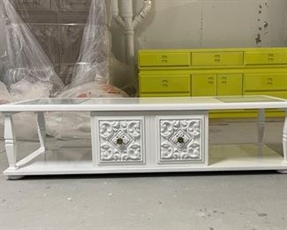 Vintage Lacquered Cocktail Table with Decorative Molding Inset with Glass Insert. Measures 60" W x 22" D x 15.5" H. Photo 2 of 3.