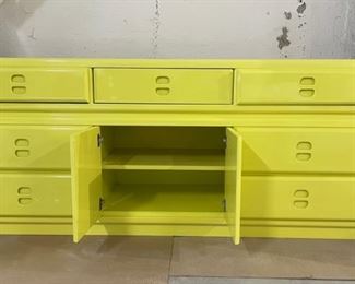 Late 20th Century Canary Yellow Lacquered Sideboard / Buffet / Bureau. Measures 72" W x 19.5" D x 31 3/4" H. Photo 3 of 3.