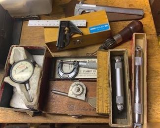 Starrett levels, dial indicator, calipers, and other assorted tools
