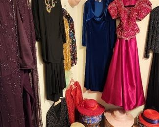A large array of hats and dresses