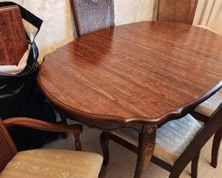 Traditional Dining Room Table, Leaf, and 6   Traditional Rattan Back Chairs