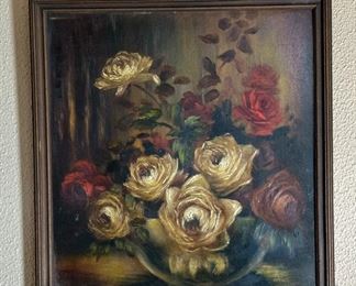 Antique Oil Painting Floral Still Life Art	Frame: 18 x 17	
