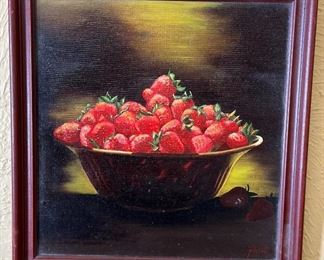 Original Oil Painting Bowl of Strawberries Still life Mitchell	Frame: 13 x 12.5in	