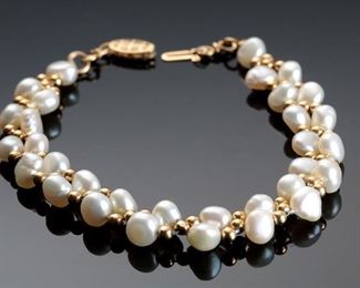 Double Strand 14k Gold Bead & Pearl Bracelet 	9in Long<BR>Pearl: approx 4mm	
