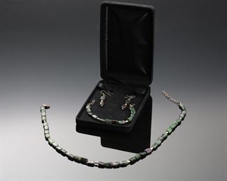 3pc Set Gold Fill Green/Ruby Zoisite Pillow Bead Necklace Earrings bracelet 	Necklace: 20in long Bead: 12mmx8mm<BR>7.5in Long <BR>Earrings 3in Long 	
