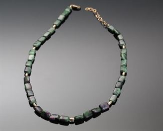 3pc Set Gold Fill Green/Ruby Zoisite Pillow Bead Necklace Earrings bracelet 	Necklace: 20in long Bead: 12mmx8mm<BR>7.5in Long <BR>Earrings 3in Long 	
