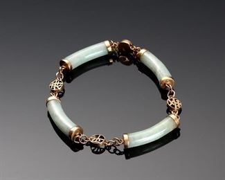 14k Gold Chinese Jade Bar Link Bracelet 	8in long<BR>Jade: 31x7mm 