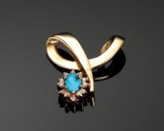 14k Gold Turquoise & Diamond Modernist Pendant