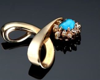 14k Gold Turquoise & Diamond Modernist Pendant