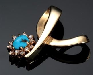 14k Gold Turquoise & Diamond Modernist Pendant