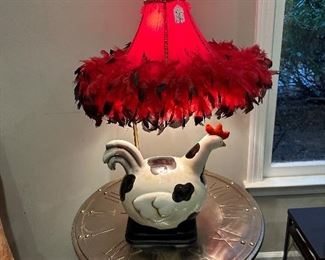 Old Funky Ceramic Kitchen Chicken Lamp w/ Feathers