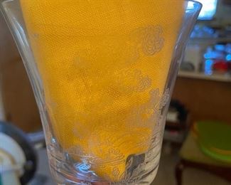 Fostoria willow pattern. Comes with 46 different size stemware,8 plates,bowl with spoon,creamer and sugar, salt and pepper shakers, divided bowl.