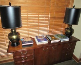 Pair of Mid Century brass lamps & walnut credenza