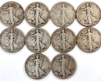 10 Walking Liberty Half Dollars .900 Silver