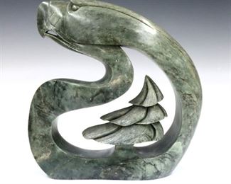 Ben Henry, Canadian/Inuit (Six Nations), b. 1950.  A contemporary Green Soapstone carving depicting a stylized eagle and tree.  Signed "Ben Henry, Six Nations, Ont. Canada" and dated "03" at underside.  Minor surface wear.  10 x 3 x 10 3/4" high overall.  ESTIMATE $300-400
