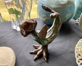 Frank Fleming bronze creature. Consisting of a winged pepper body supported by a bird foot, Franks two sided face, and a double serpent tail. Very cool and unique.
6.5” h, 7” l
