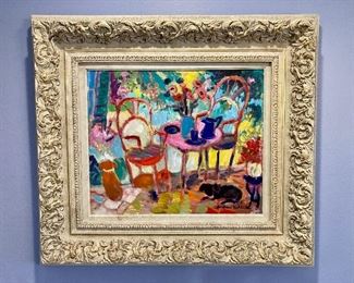 Arthur Weeks oil on canvas, garden scene with three dogs
38” x 34” (with frame)
