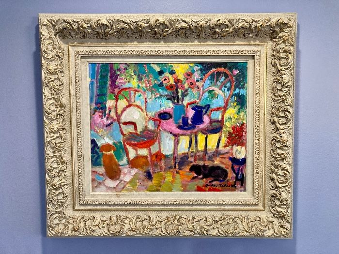 Arthur Weeks oil on canvas, garden scene with three dogs
38” x 34” (with frame)
