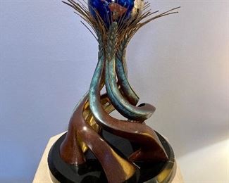 “World Friendship Monument” bronze sculpture with art glass globe signed by artist Brett Livingstone Strong
17” h, 12” w