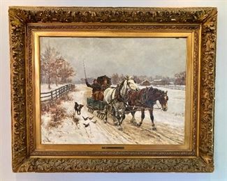 “Sleigh Ride” oil on canvas by Richard Lorenz (1858-1918)
54” x 44” (including frame)
Lorenz was well known for his western landscapes and depictions of cowboys and stagecoaches. 
This particular painting was purchased at Sotheby’s in 2008
$21,500