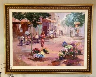 Parisian street scene, oil on canvas by English artist Mark King (1931-2014)
58” x 47” (including frame)
$1850