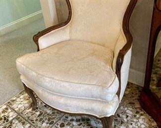 Pair of French silk damask upholstered arm chairs
