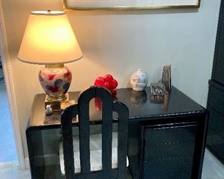 Black lacquered waterfall desk with matching chair and small black lacquered cabinet by Milo Baughman for Thayer Coggin
