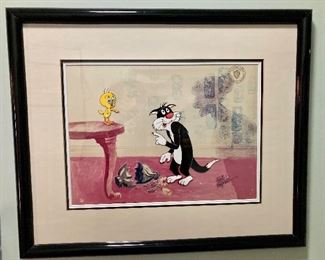 Signed Looney Tunes Sylvester and Tweety Bird animation cell by Fritz Freleng
