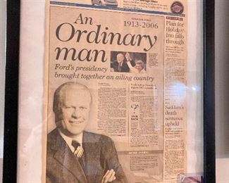 Gerald ford autograph, card and framed newspaper clipping 