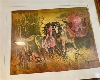 Hoi Lebadang signed Lydia Ed 4/20 lithograph “chevaux dans le soloel”.  Some water damage on the outer mat