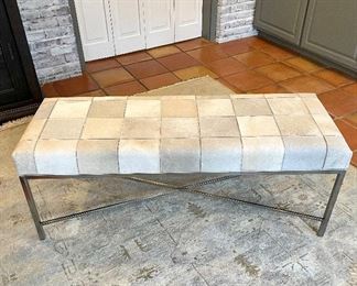 SOLD - Genuine leather/hide bench with silver base. Some imperfections in hide are normal. 49" L x 18" W x 19" H. Excellent condition! 