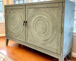 SOLD -2 door, painted credenza by Home Meridian International. Distressed french-blue with hints of whites/greys and some black. Great multi-use piece! 54" L x 16" W x 37" H. 